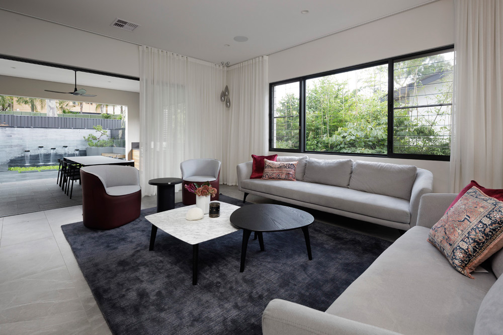 Living room with plush charcoal rug