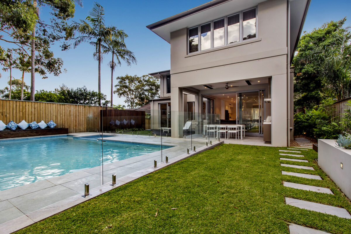 Killara Contemporary: backyard features pool and stepping stones to house
