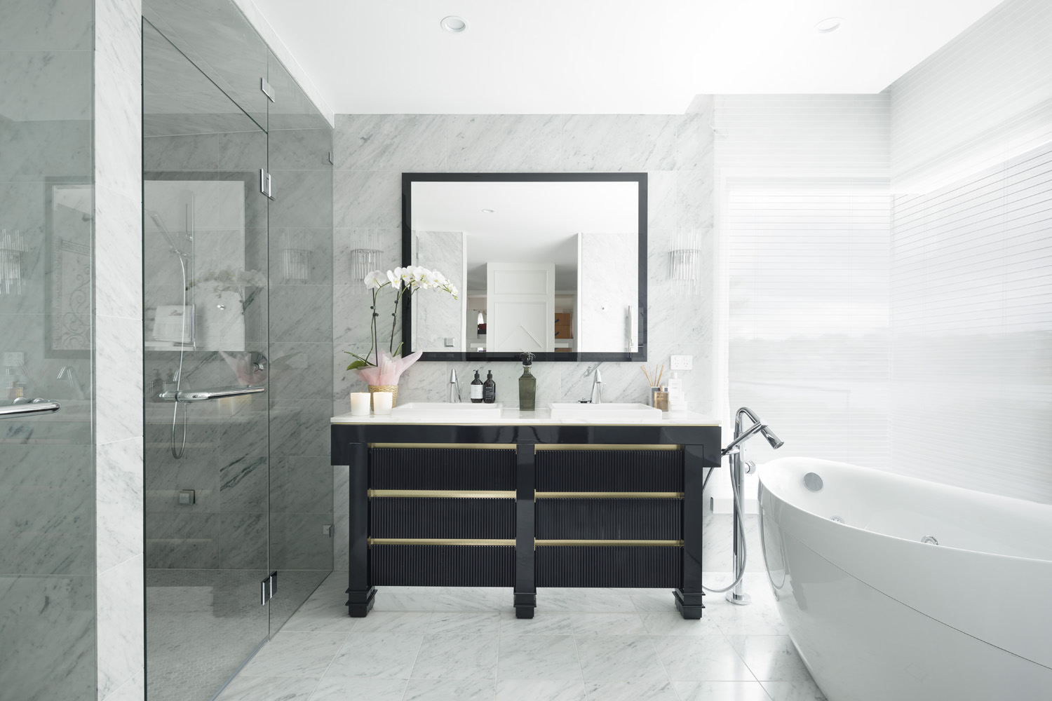 Rodd Point Contemporary: marble bathroom with freestanding tub
