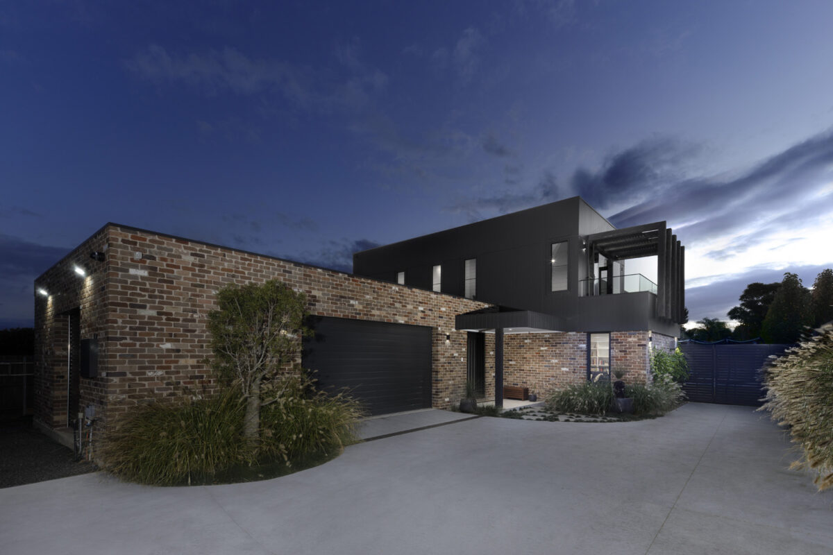Glenhaven Contemporary Industrial: house exterior in the evening