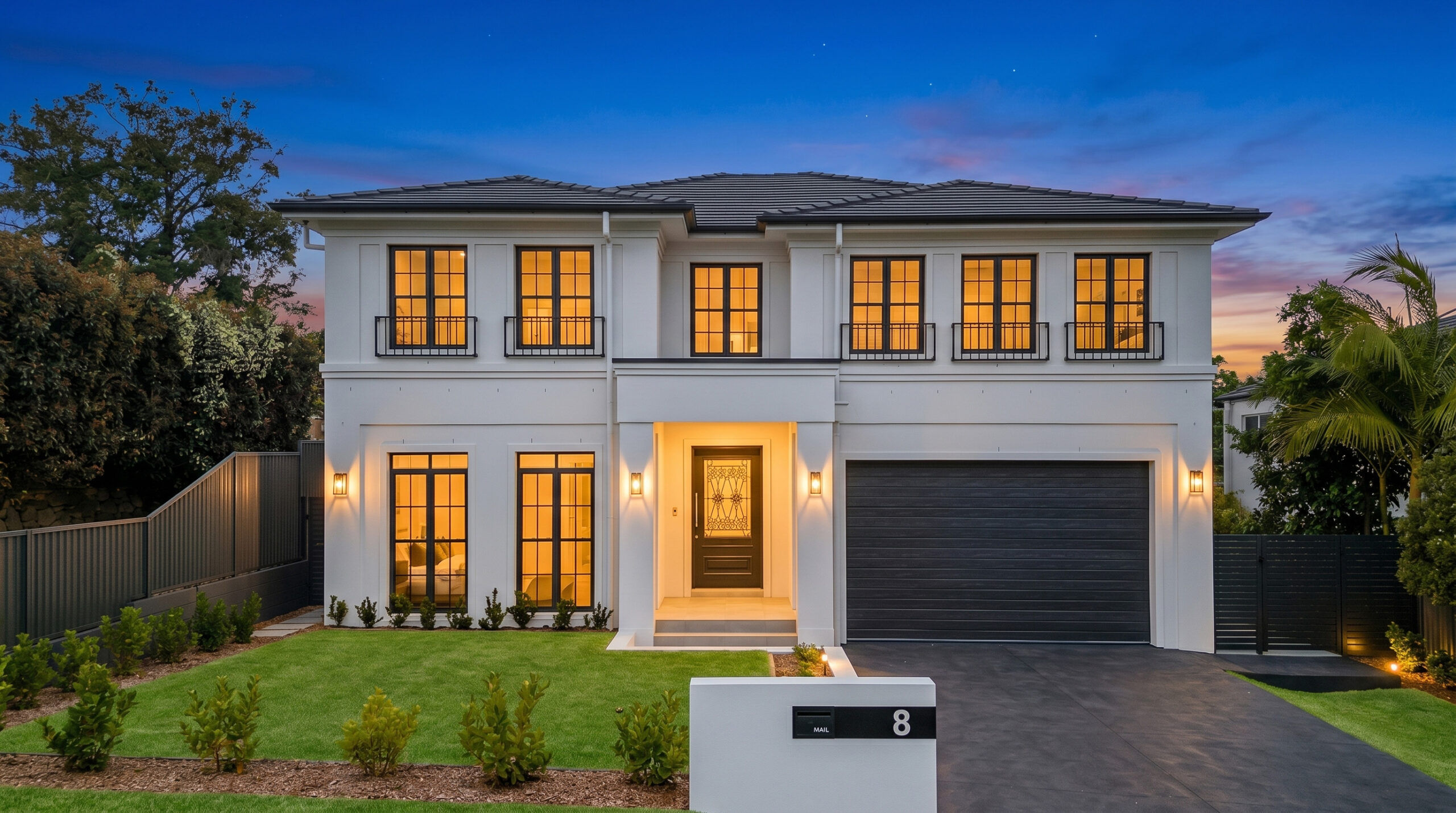 Classical Luxury with two-storey residence in Castle Hill with black-framed windows, landscaped garden and driveway at evening
